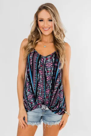 Set on You Aztec Twist Tank Top- Dark Navy & Pink