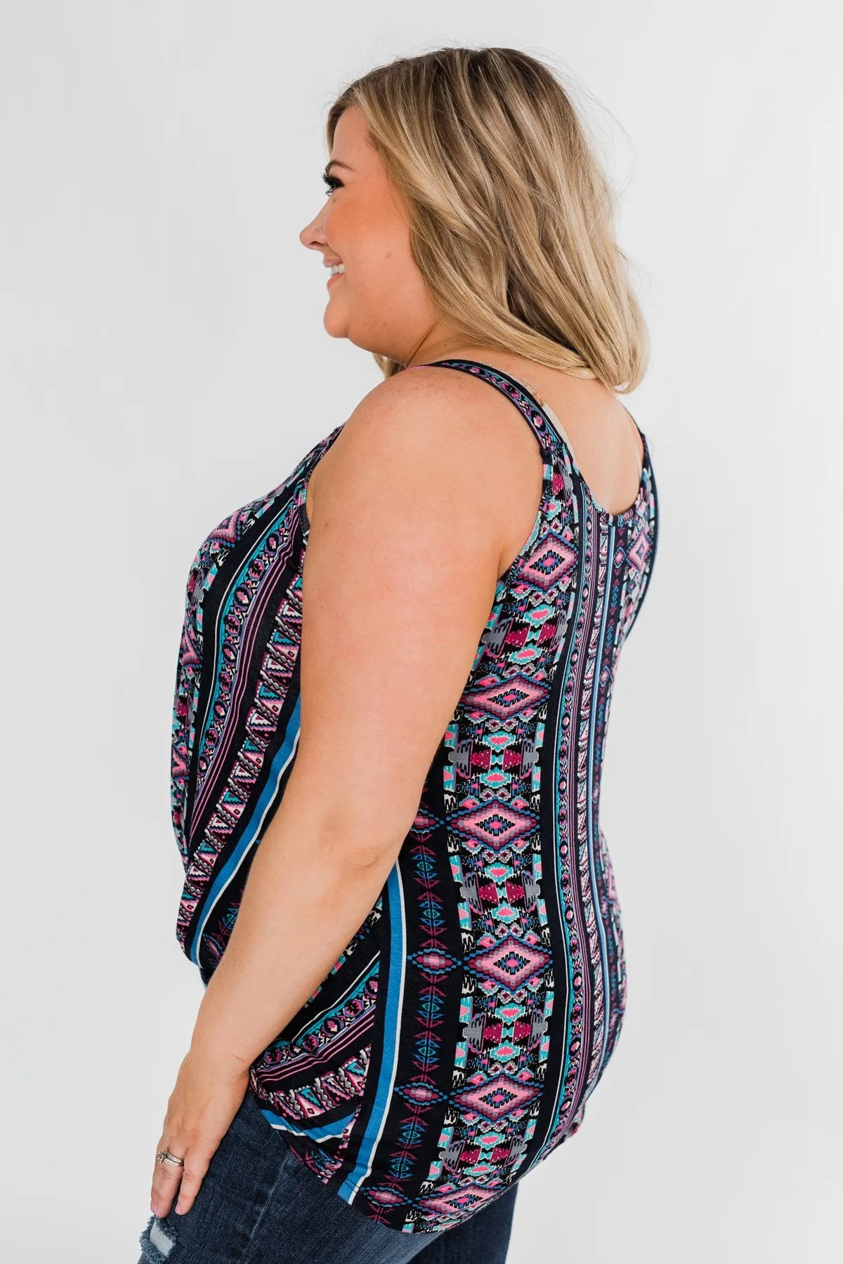 Set on You Aztec Twist Tank Top- Dark Navy & Pink