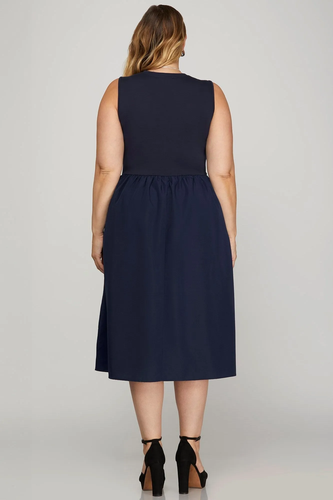 She   Sky Full Size Sleeveless Poplin Woven Midi Dress with Pockets Plus Size