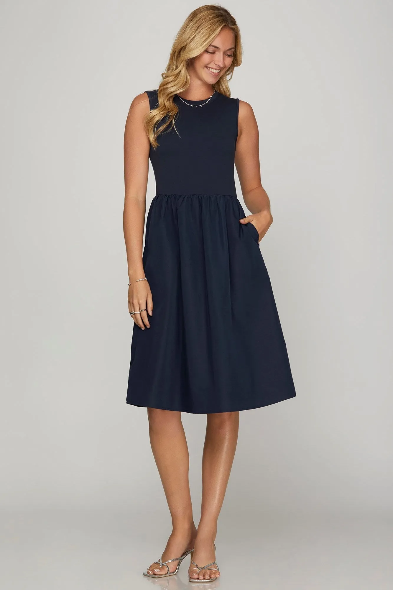 She   Sky Full Size Sleeveless Poplin Woven Midi Dress with Pockets Plus Size