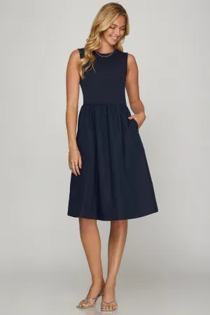 She   Sky Full Size Sleeveless Poplin Woven Midi Dress with Pockets Plus Size