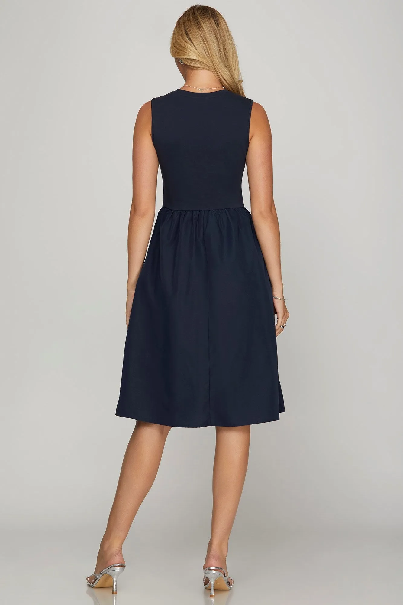 She   Sky Full Size Sleeveless Poplin Woven Midi Dress with Pockets Plus Size