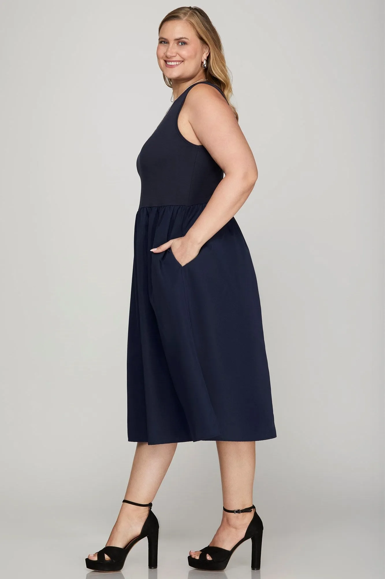 She   Sky Full Size Sleeveless Poplin Woven Midi Dress with Pockets Plus Size
