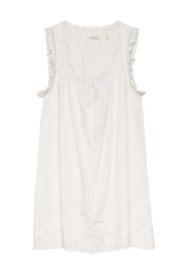 Short Skirt with Pearl Buttons and Scalloped Trim and Round Neck.