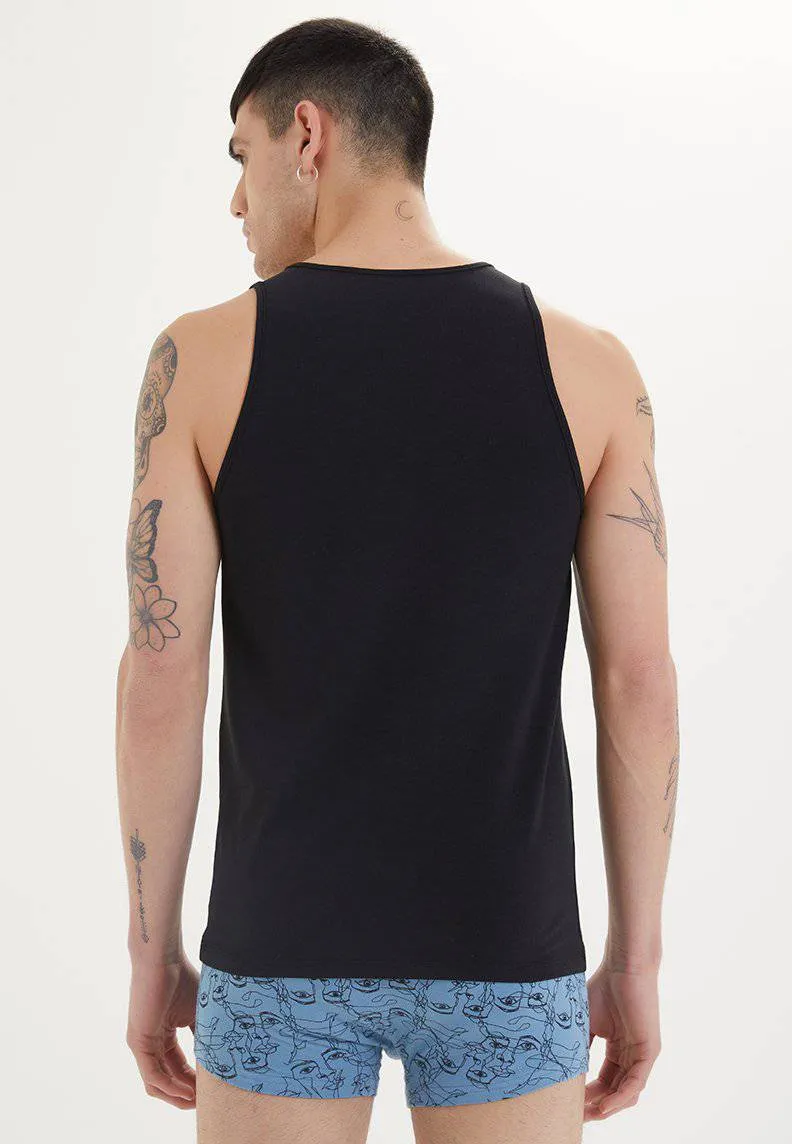 Siyah Bisiklet Yaka Pamuk Likra Karışımı Slim Fit Erkek Atlet TANK TOP