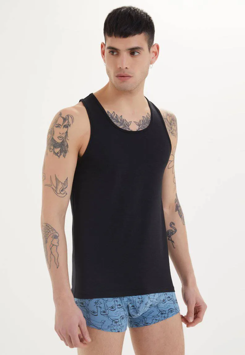 Siyah Bisiklet Yaka Pamuk Likra Karışımı Slim Fit Erkek Atlet TANK TOP