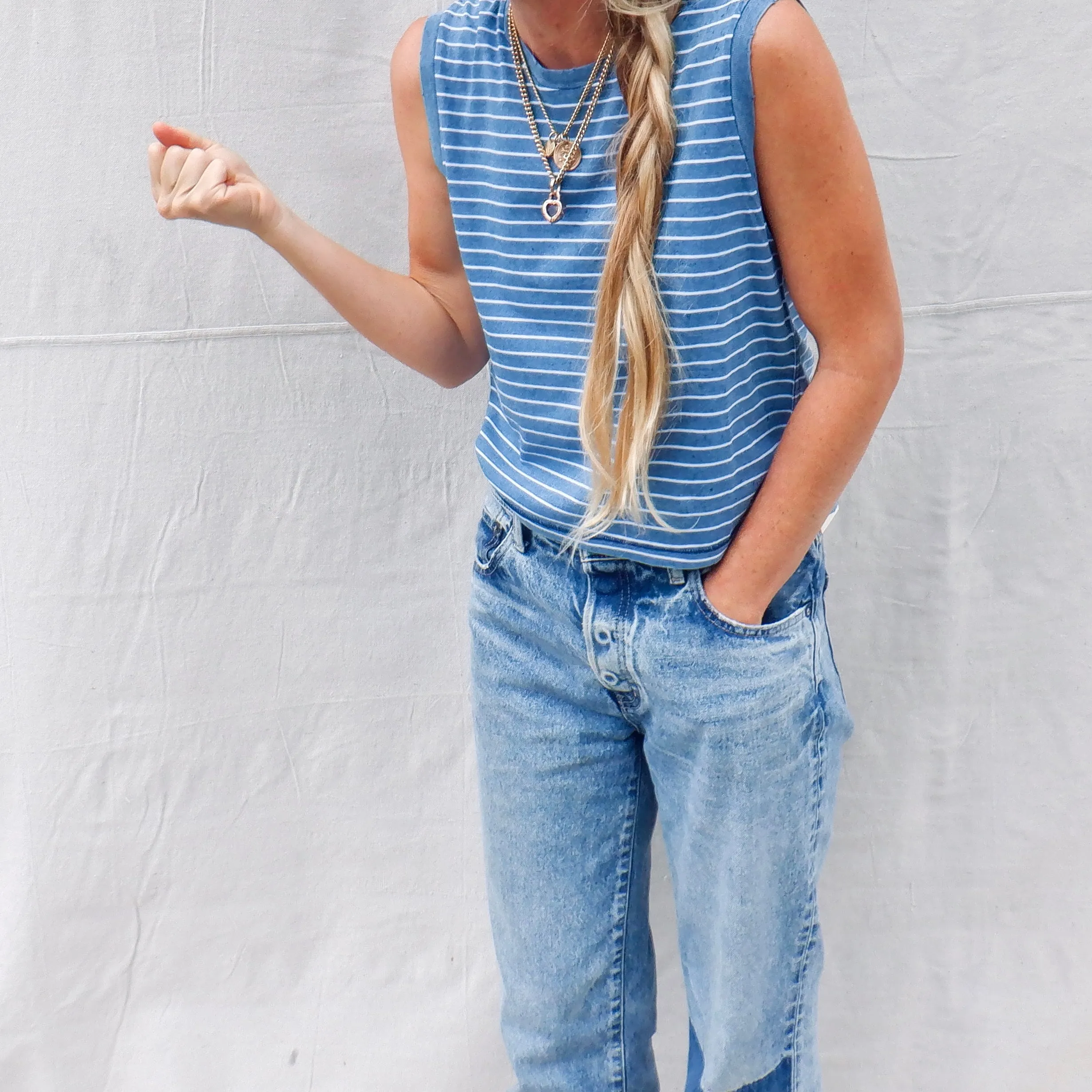 Sleeveless Babe Tee - Indigo/White