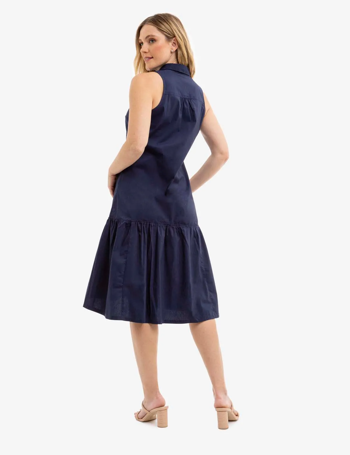 SLEEVELESS TIERED POPLIN DRESS