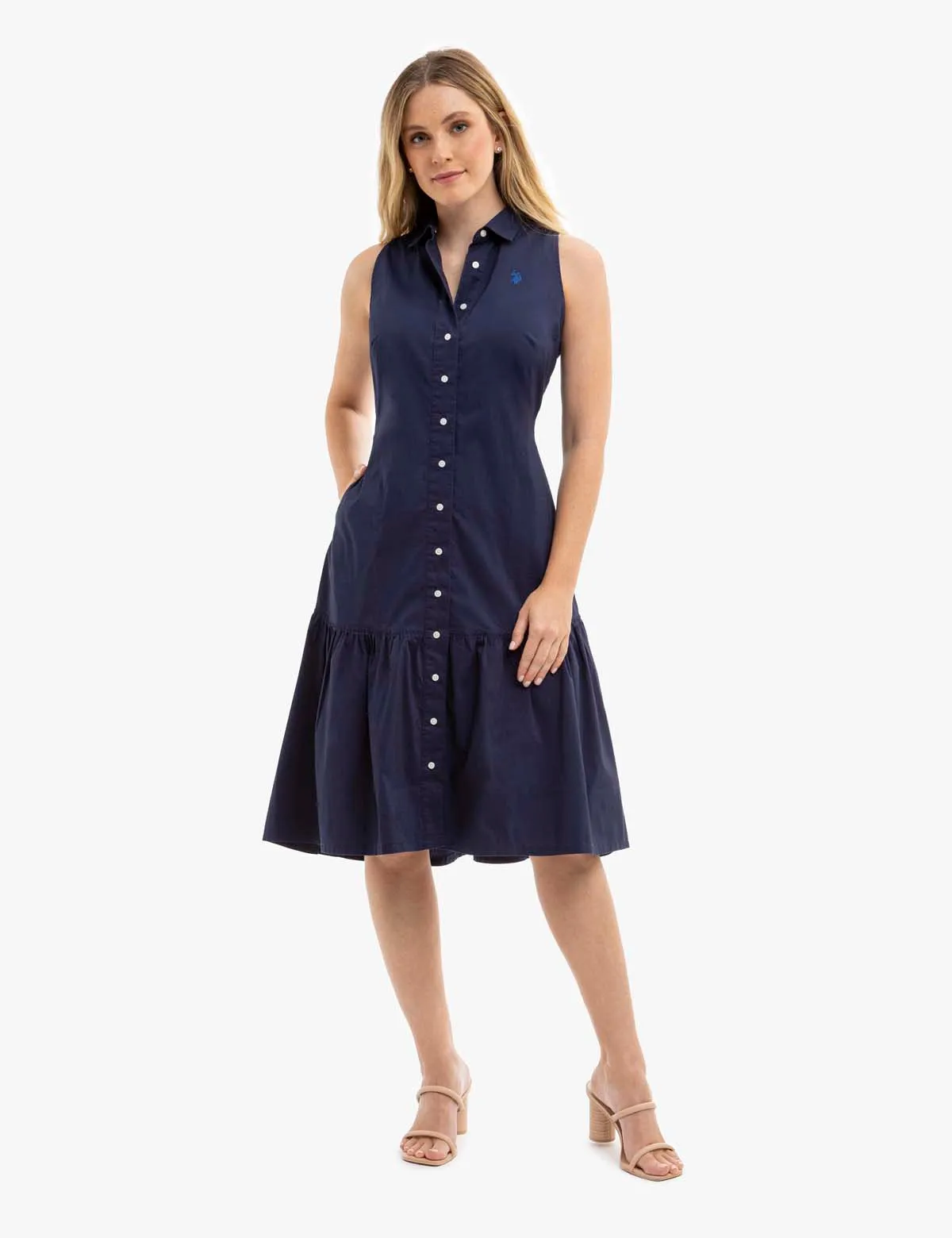 SLEEVELESS TIERED POPLIN DRESS