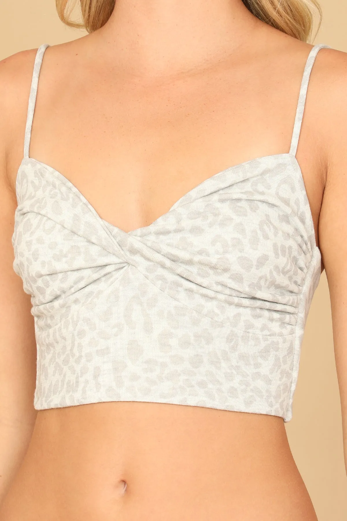 SPAGHETTI STRAP TWIST FRONT LEOPARD BRALETTE TOP
