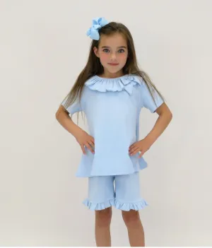 SS24 Harris Kids - Billie Girls Ribbed Frilly Bow Short Set Blue