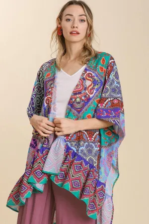 Stay Boho Chic Turquoise Ruffle Hem Open Front Kimono