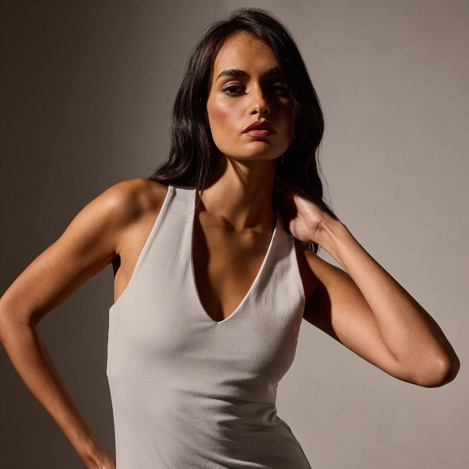 Stretch Lotus Rib Deep V Tank Dress - Salt