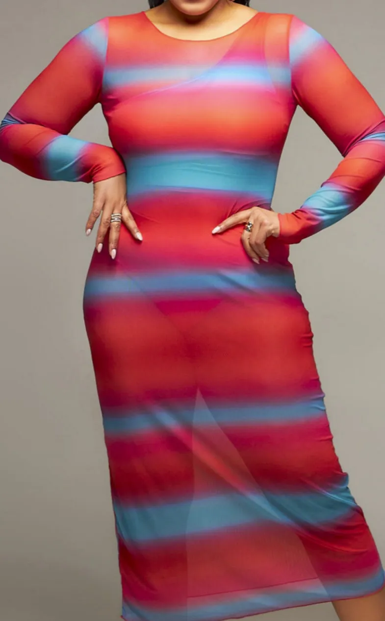 Striped Cotton Candy Midi Long-Sleeve Mesh Cover-up Dress (Pre-Order)