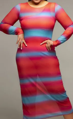 Striped Cotton Candy Midi Long-Sleeve Mesh Cover-up Dress (Pre-Order)