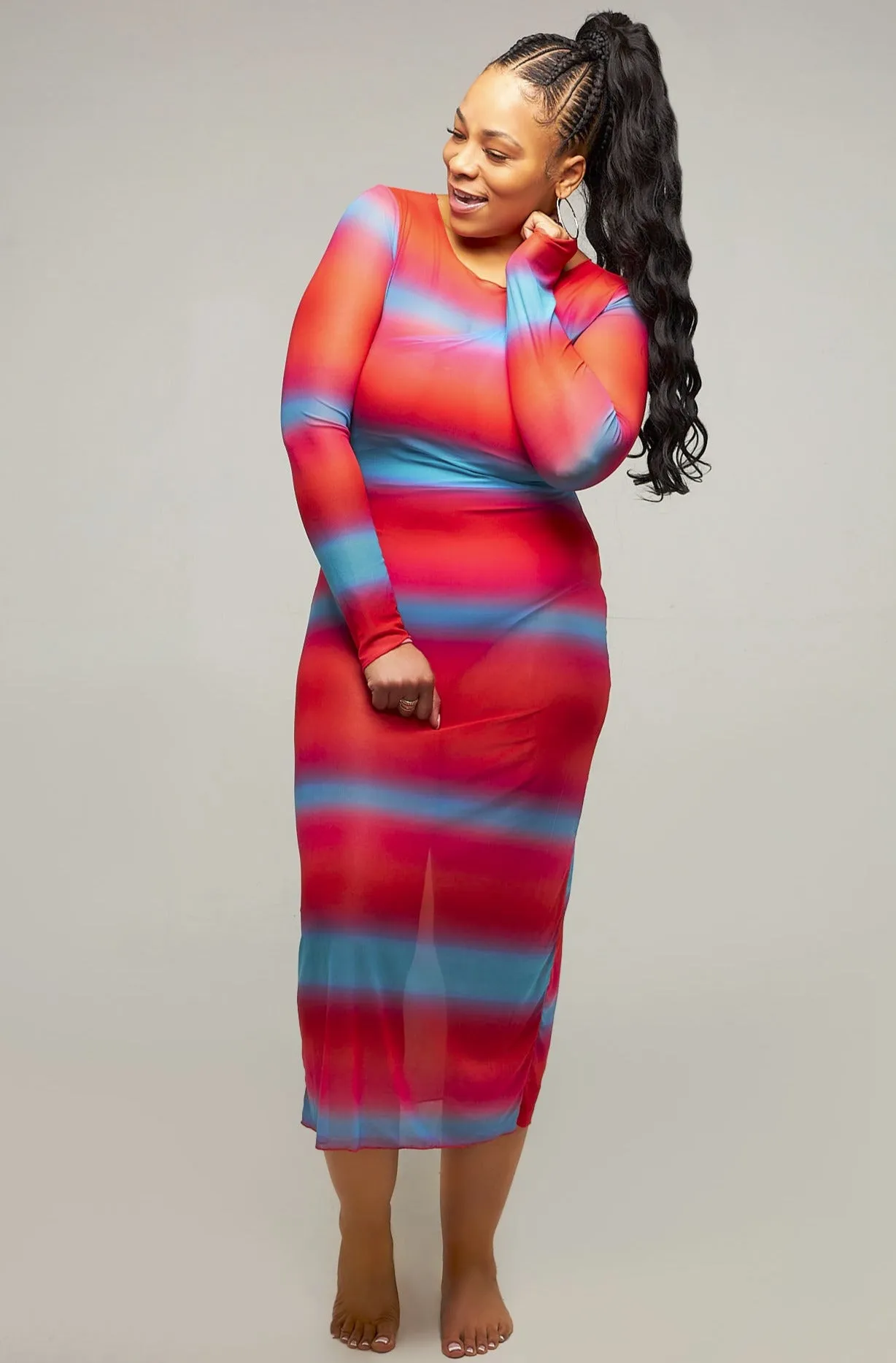 Striped Cotton Candy Midi Long-Sleeve Mesh Cover-up Dress (Pre-Order)