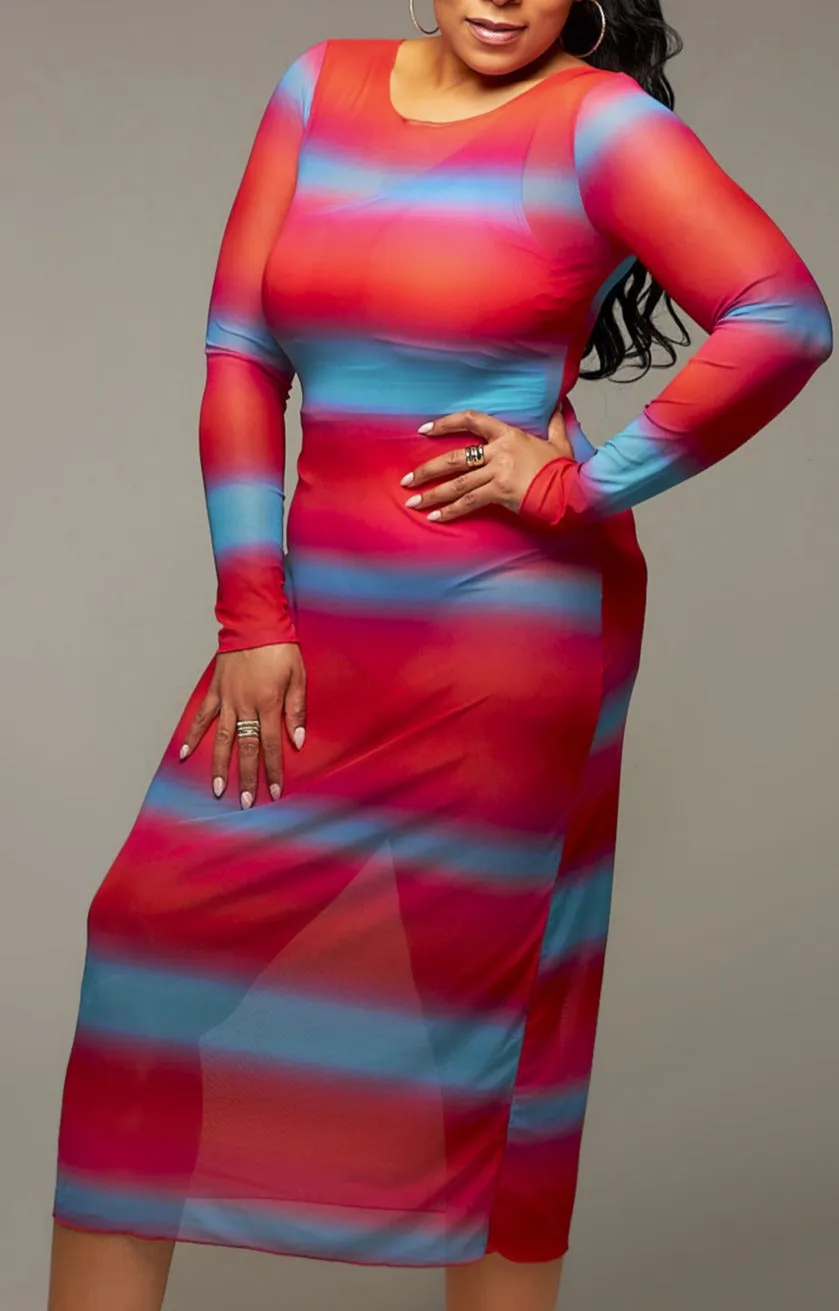 Striped Cotton Candy Midi Long-Sleeve Mesh Cover-up Dress (Pre-Order)