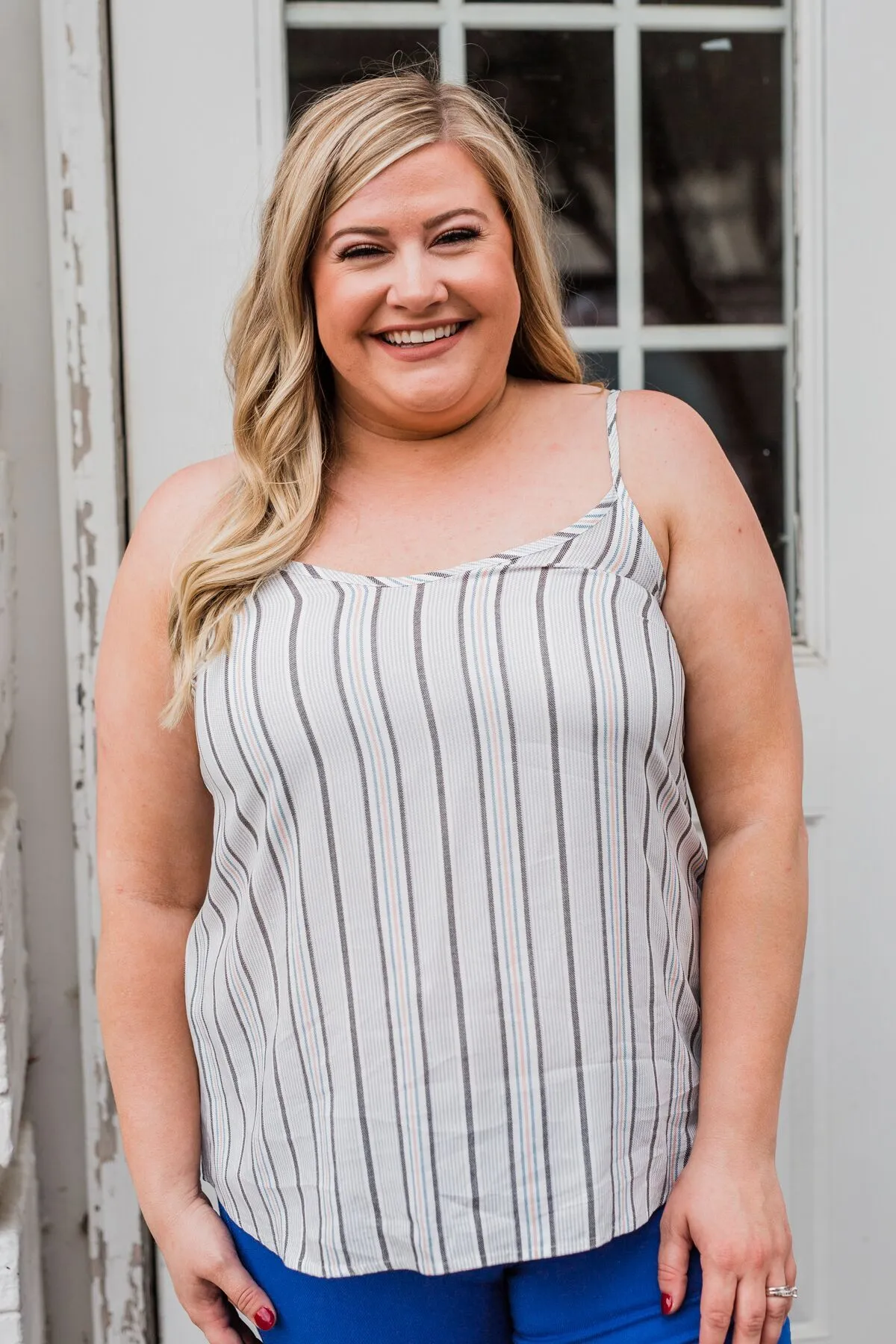 Striped Spaghetti Strap Tank Top- Grey & Blue Tones