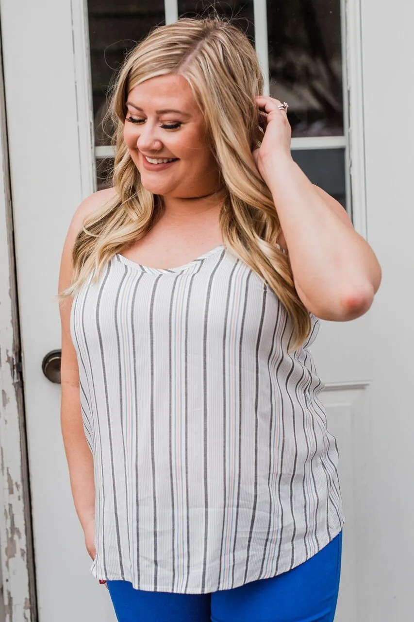 Striped Spaghetti Strap Tank Top- Grey & Blue Tones