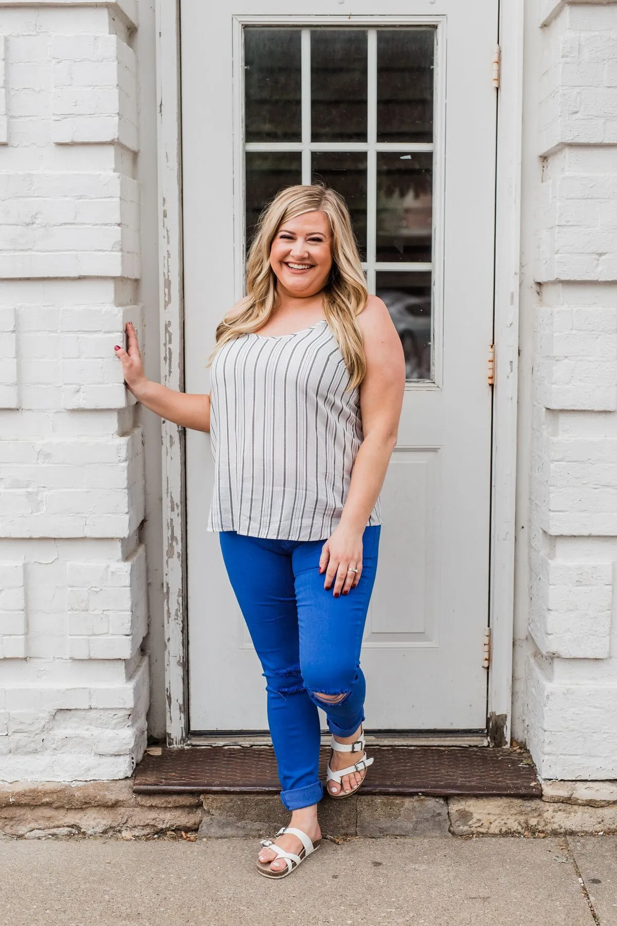 Striped Spaghetti Strap Tank Top- Grey & Blue Tones
