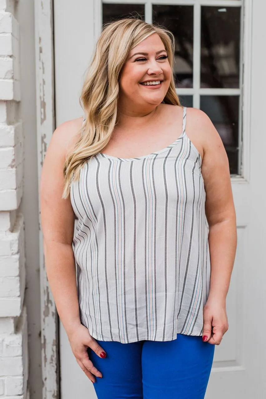 Striped Spaghetti Strap Tank Top- Grey & Blue Tones