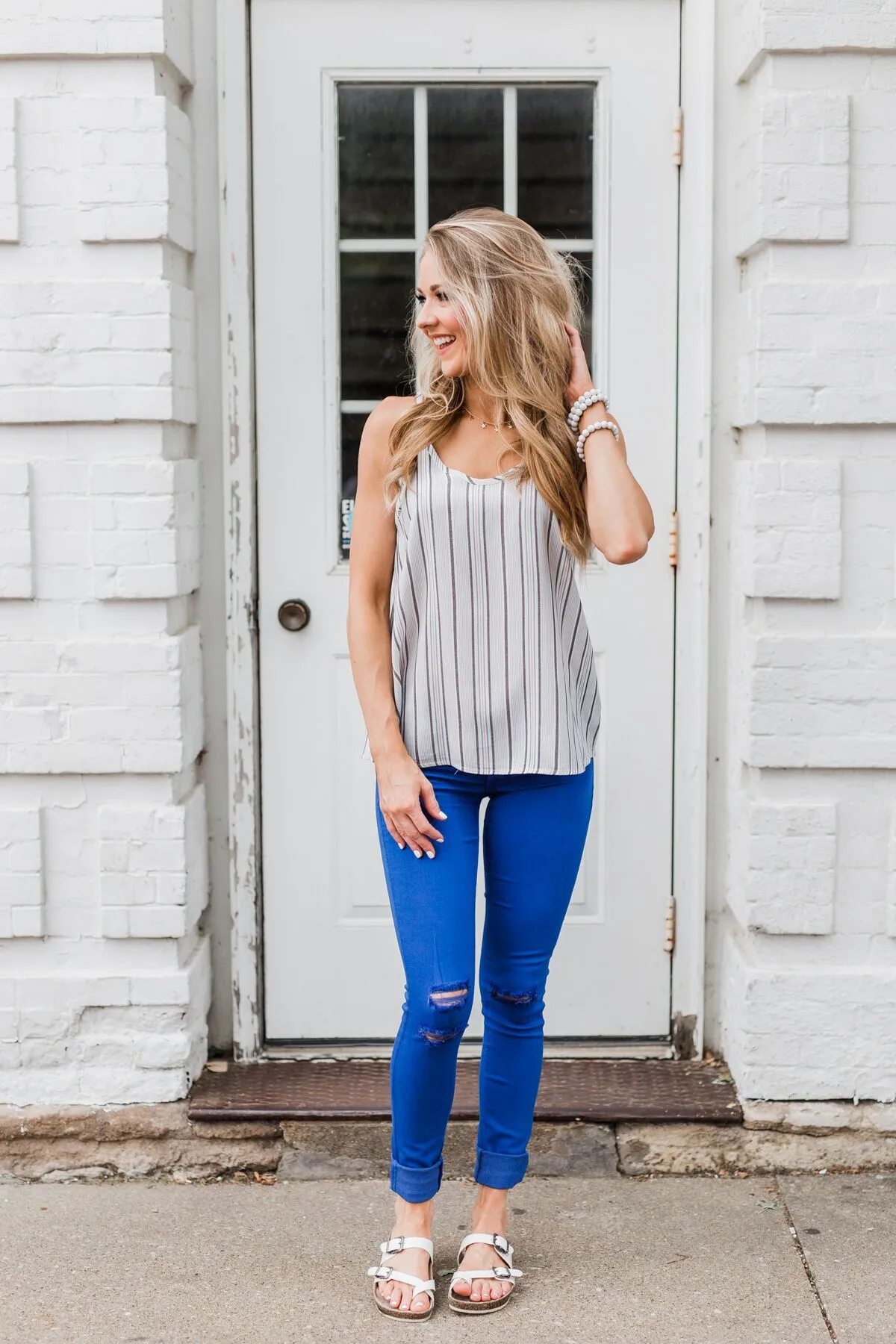Striped Spaghetti Strap Tank Top- Grey & Blue Tones