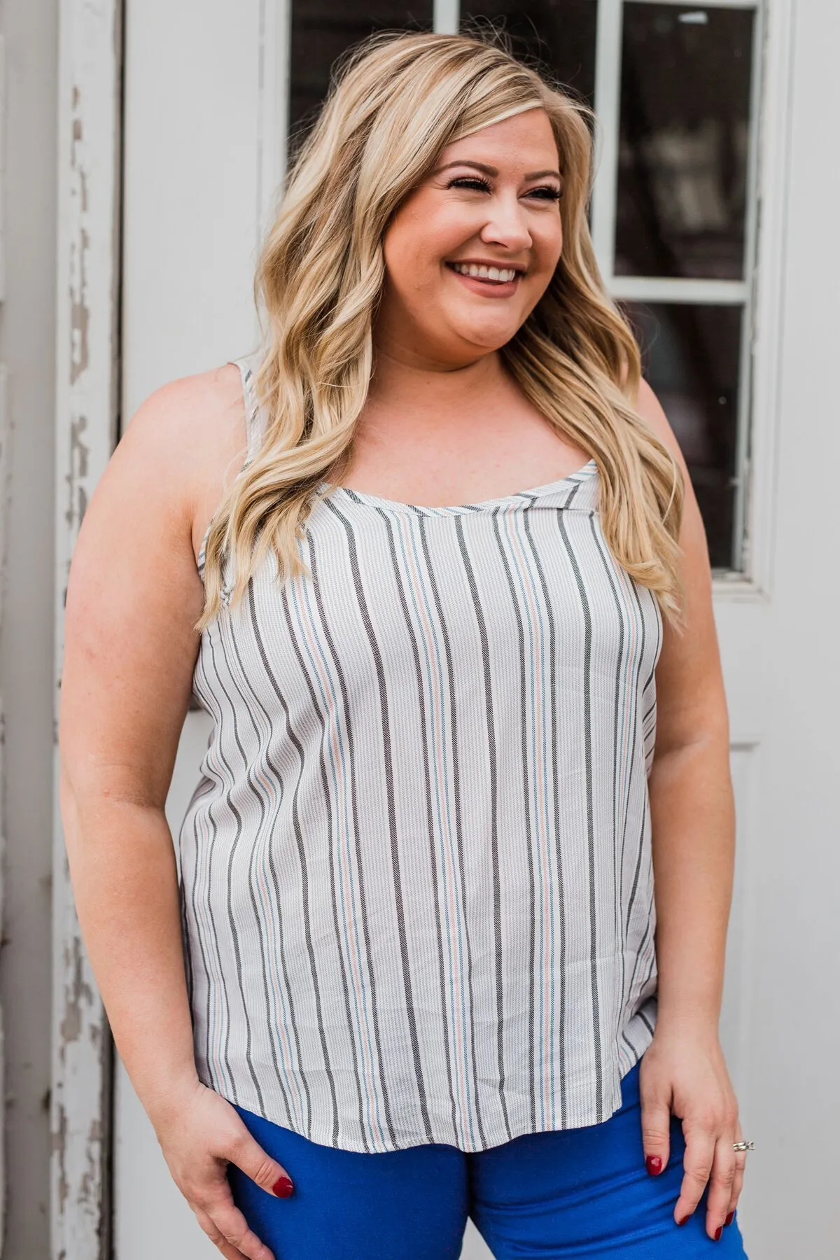 Striped Spaghetti Strap Tank Top- Grey & Blue Tones