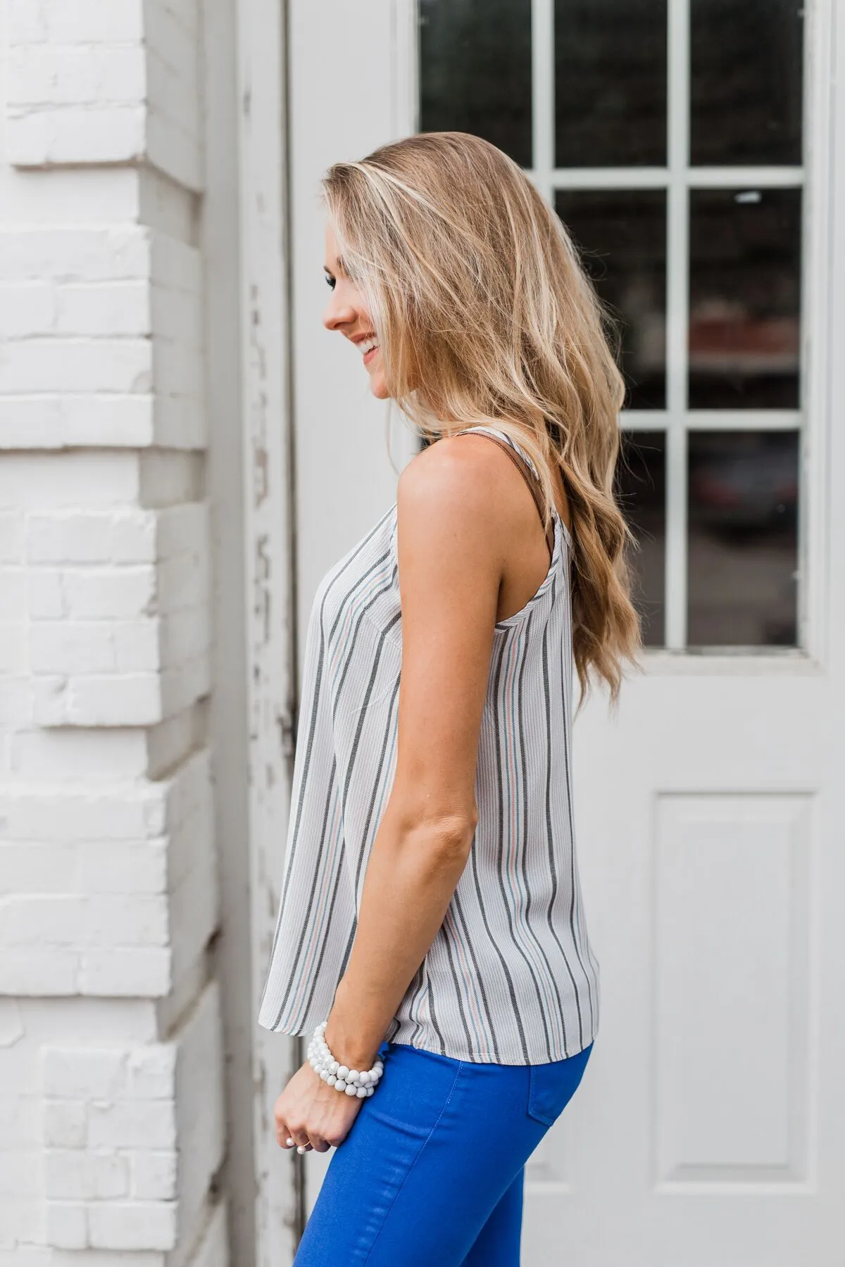 Striped Spaghetti Strap Tank Top- Grey & Blue Tones