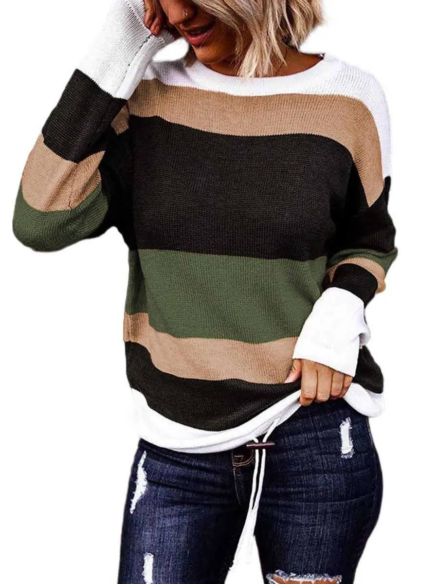 Stunncal Drawstring Sweater Crew Neck Striped Pullover