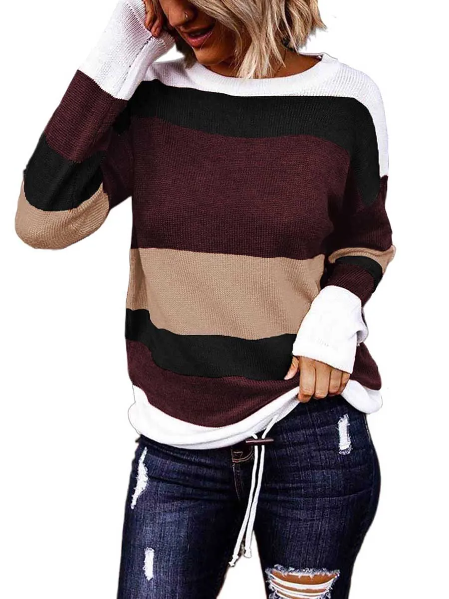 Stunncal Drawstring Sweater Crew Neck Striped Pullover