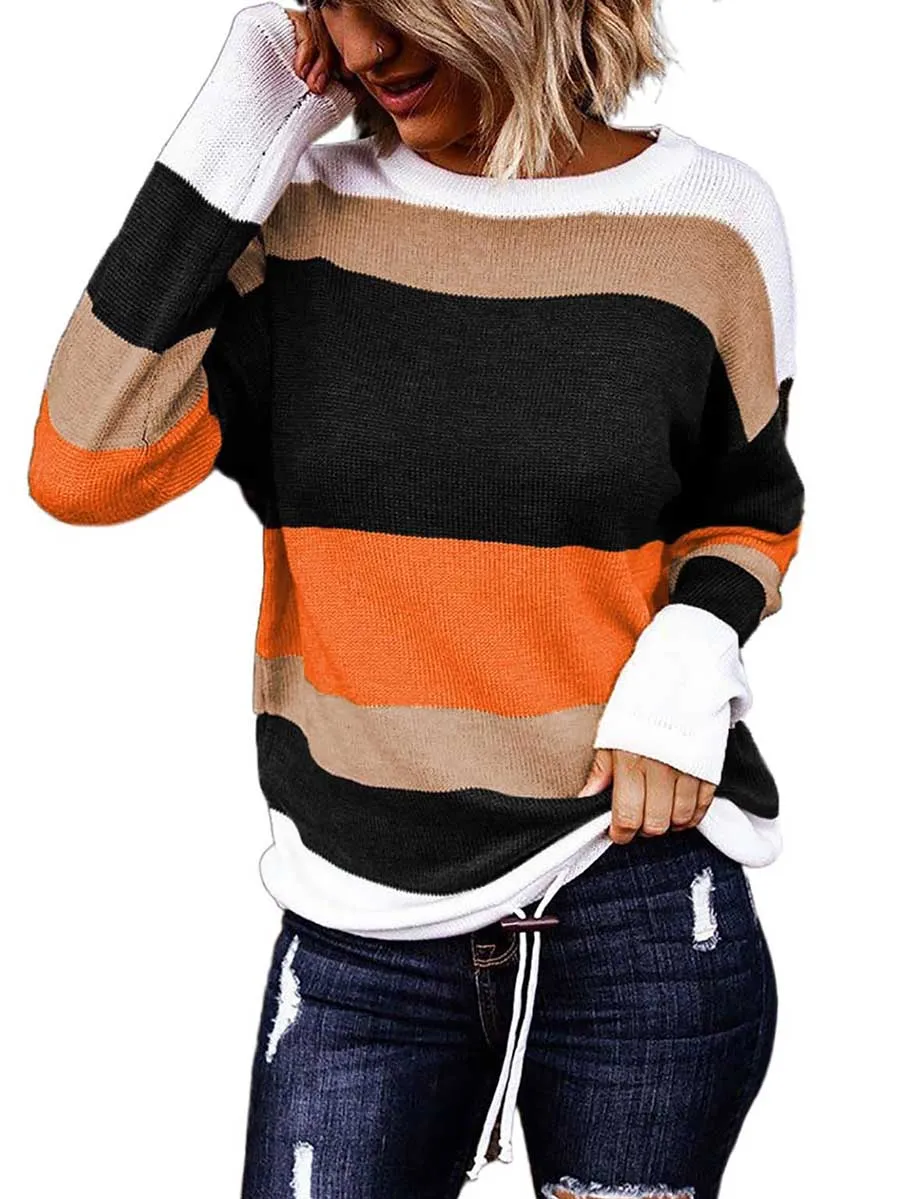 Stunncal Drawstring Sweater Crew Neck Striped Pullover