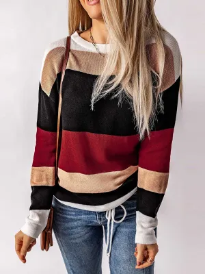 Stunncal Drawstring Sweater Crew Neck Striped Pullover