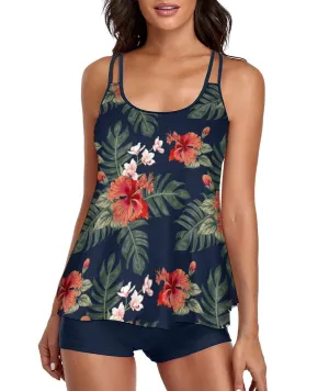 Tankini Tropical Navy Tank Top Two Piece Bathing Suits with Boyshorts