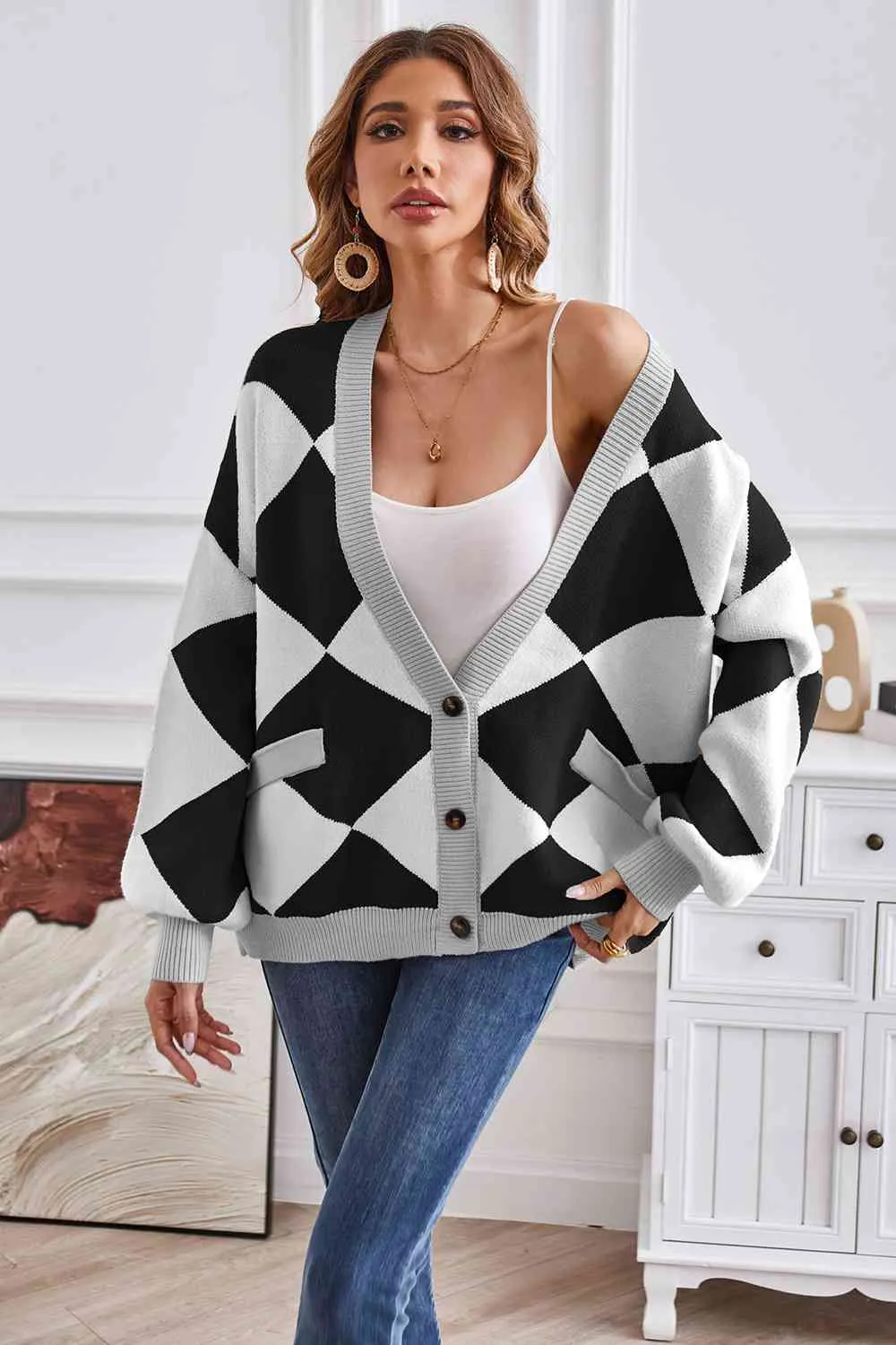 Taylor Geometric Lantern Sleeve Cardigan with Pockets