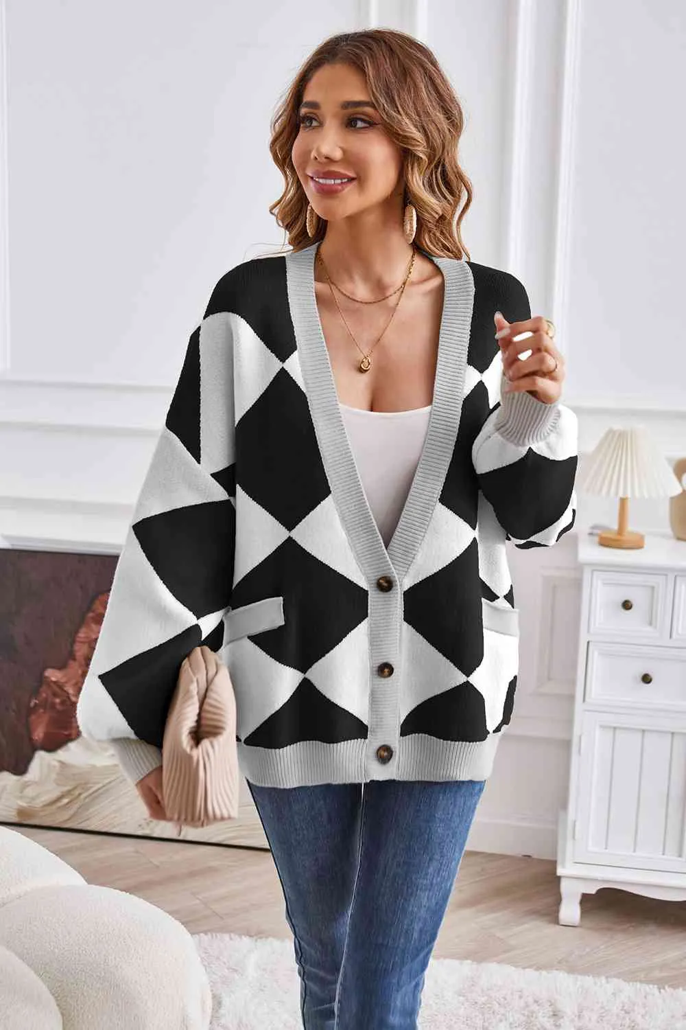 Taylor Geometric Lantern Sleeve Cardigan with Pockets