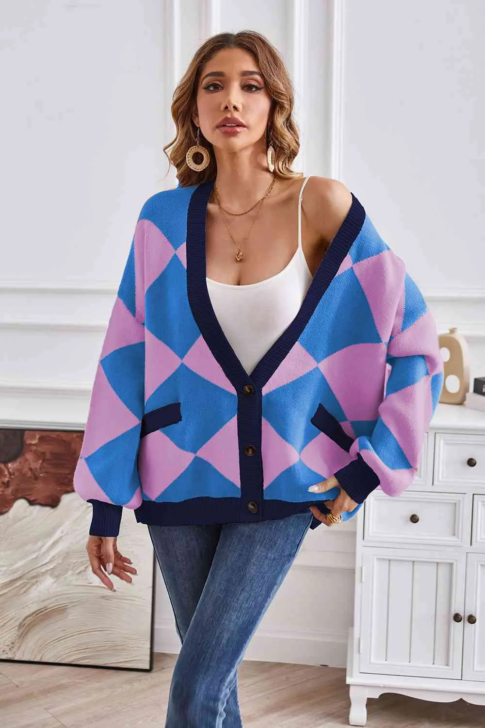 Taylor Geometric Lantern Sleeve Cardigan with Pockets
