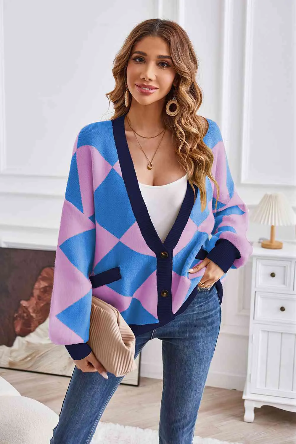 Taylor Geometric Lantern Sleeve Cardigan with Pockets