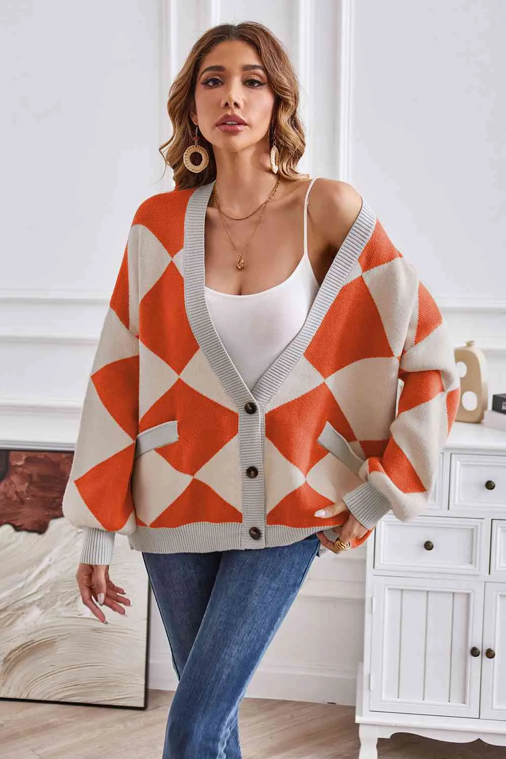Taylor Geometric Lantern Sleeve Cardigan with Pockets