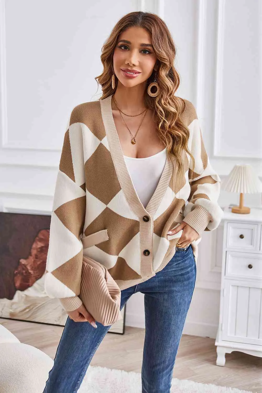 Taylor Geometric Lantern Sleeve Cardigan with Pockets