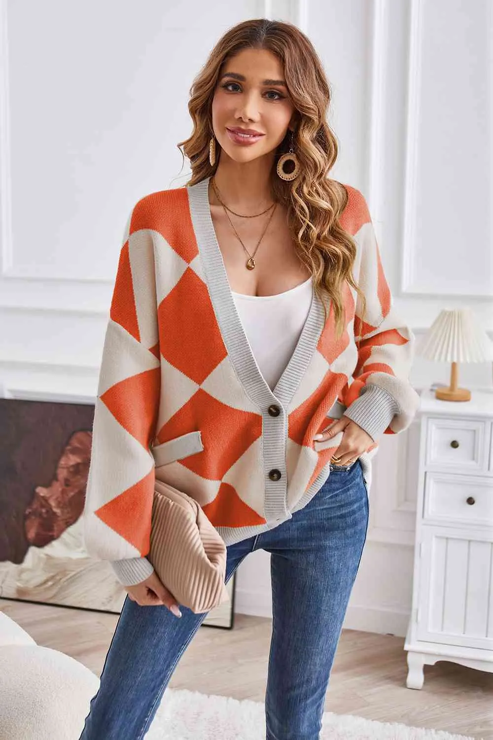 Taylor Geometric Lantern Sleeve Cardigan with Pockets