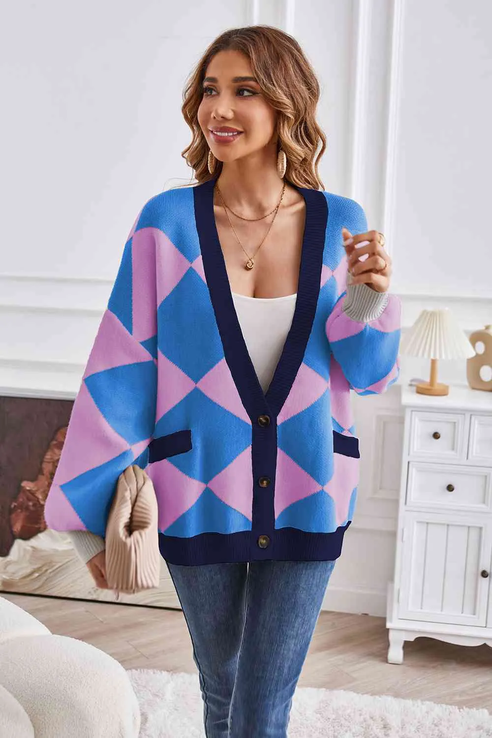 Taylor Geometric Lantern Sleeve Cardigan with Pockets