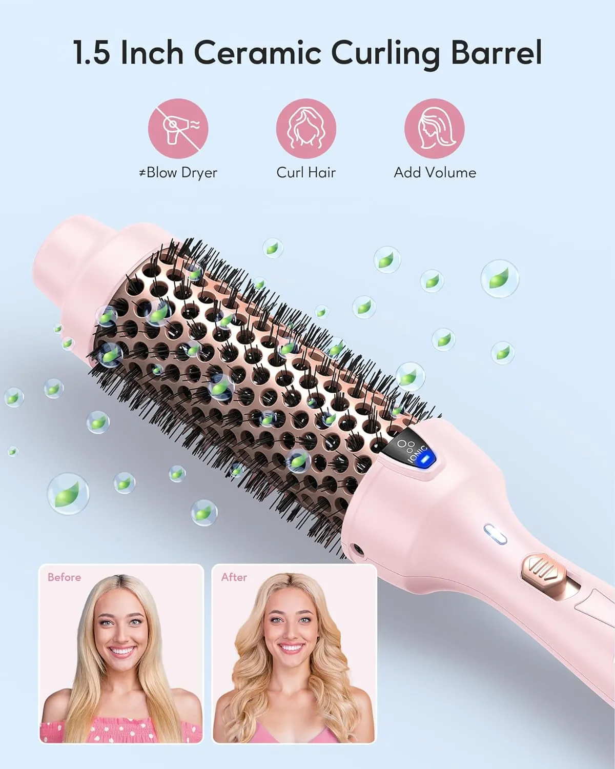 Thermal Brush, 1.5 Inch Negative Ion Thermal round Brush Creates Blowout Look Makes Hair Shinier & Smoother, Dual Voltage, Easy to Use (Pink)