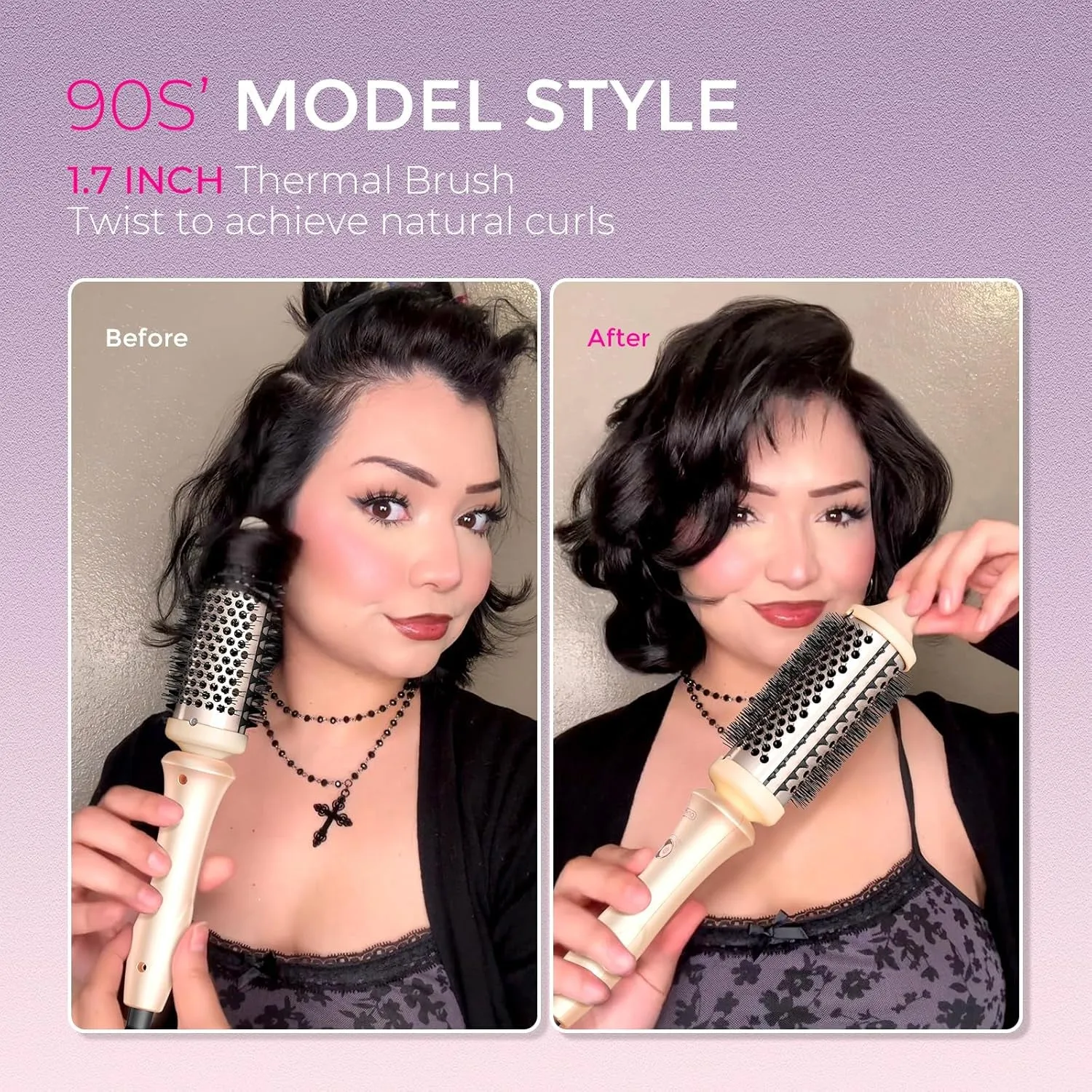Thermal Brush Heated round Brush - STYLUX Blowout Brush with Flexi-Fit Tech for Hair Straightening, Curling Brush Styler Tools, Straightener and Curler 2 in 1, Dual Voltage, Quick & Easy, Pink