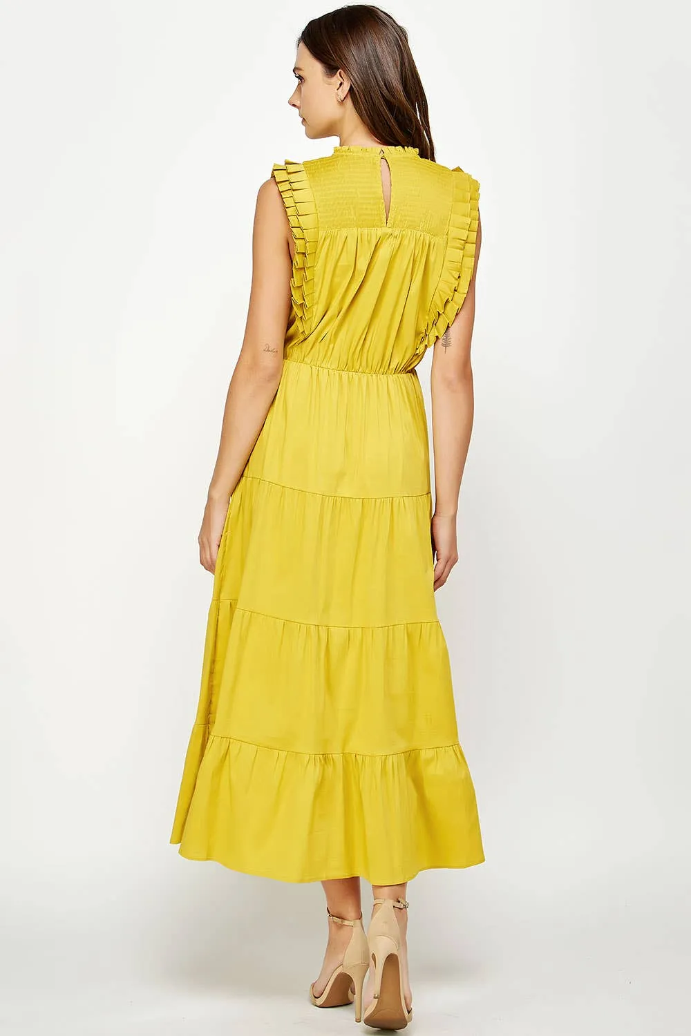 Tiered Sleeveless Pleat Detail Midi Dress: Chartreuse
