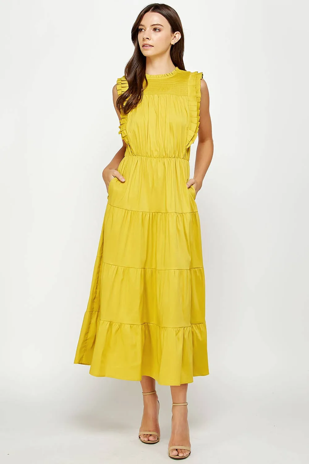 Tiered Sleeveless Pleat Detail Midi Dress: Chartreuse