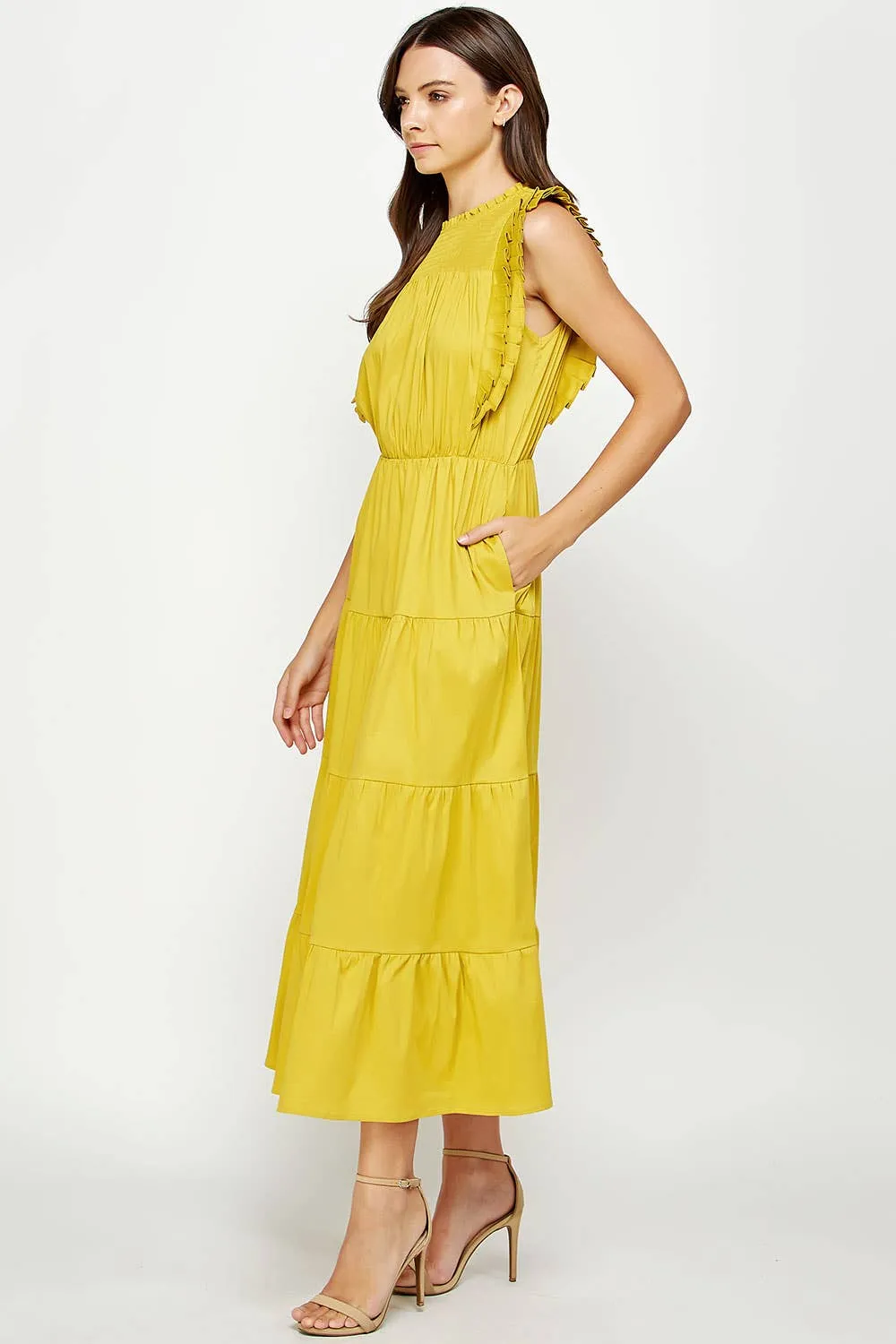 Tiered Sleeveless Pleat Detail Midi Dress: Chartreuse
