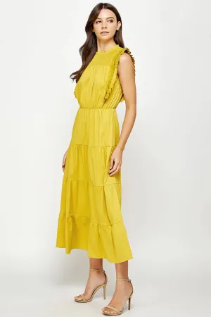 Tiered Sleeveless Pleat Detail Midi Dress: Chartreuse