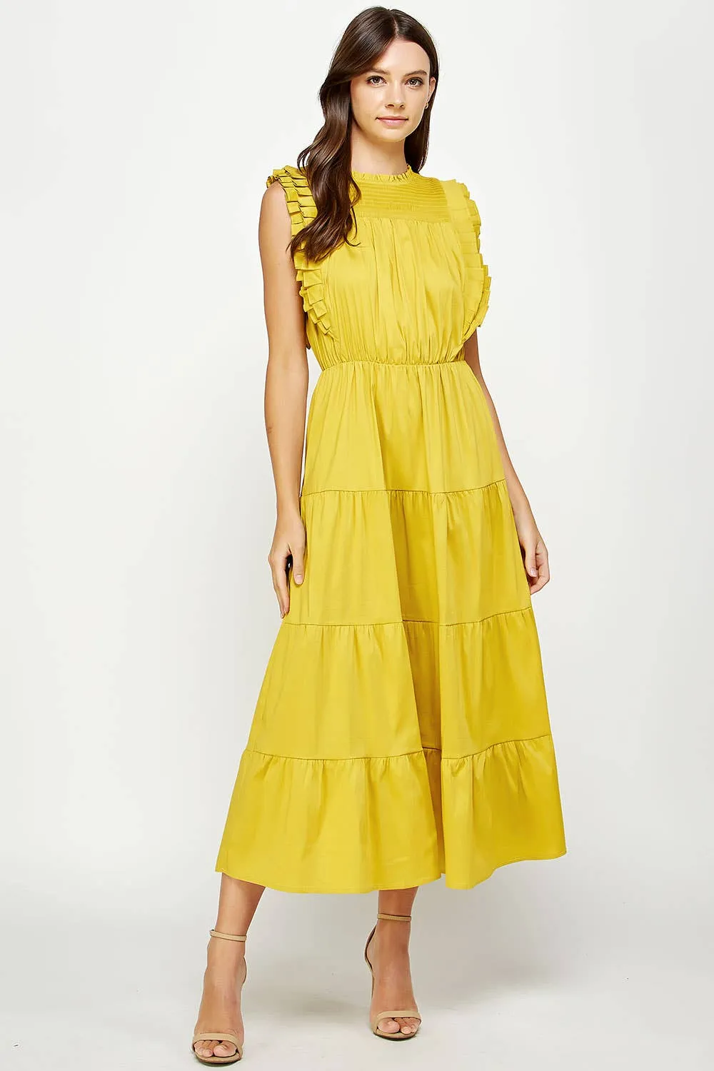 Tiered Sleeveless Pleat Detail Midi Dress: Chartreuse