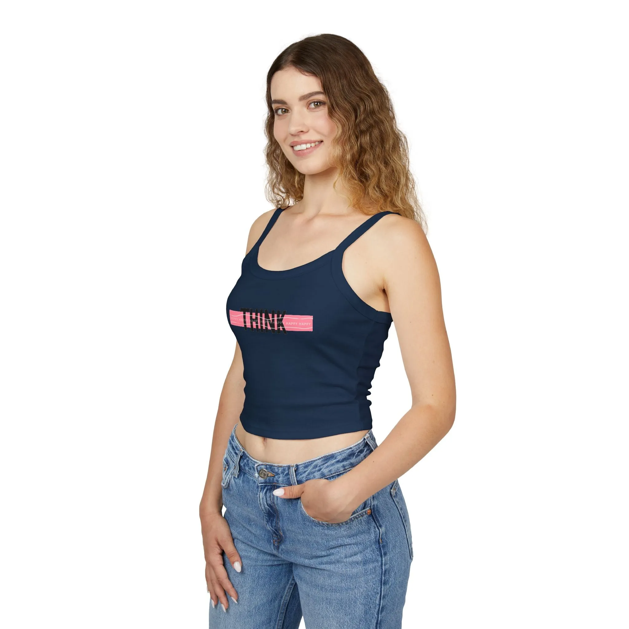 Top Women's Spaghetti Strap Tank Think Happy by Mariu del Campo.