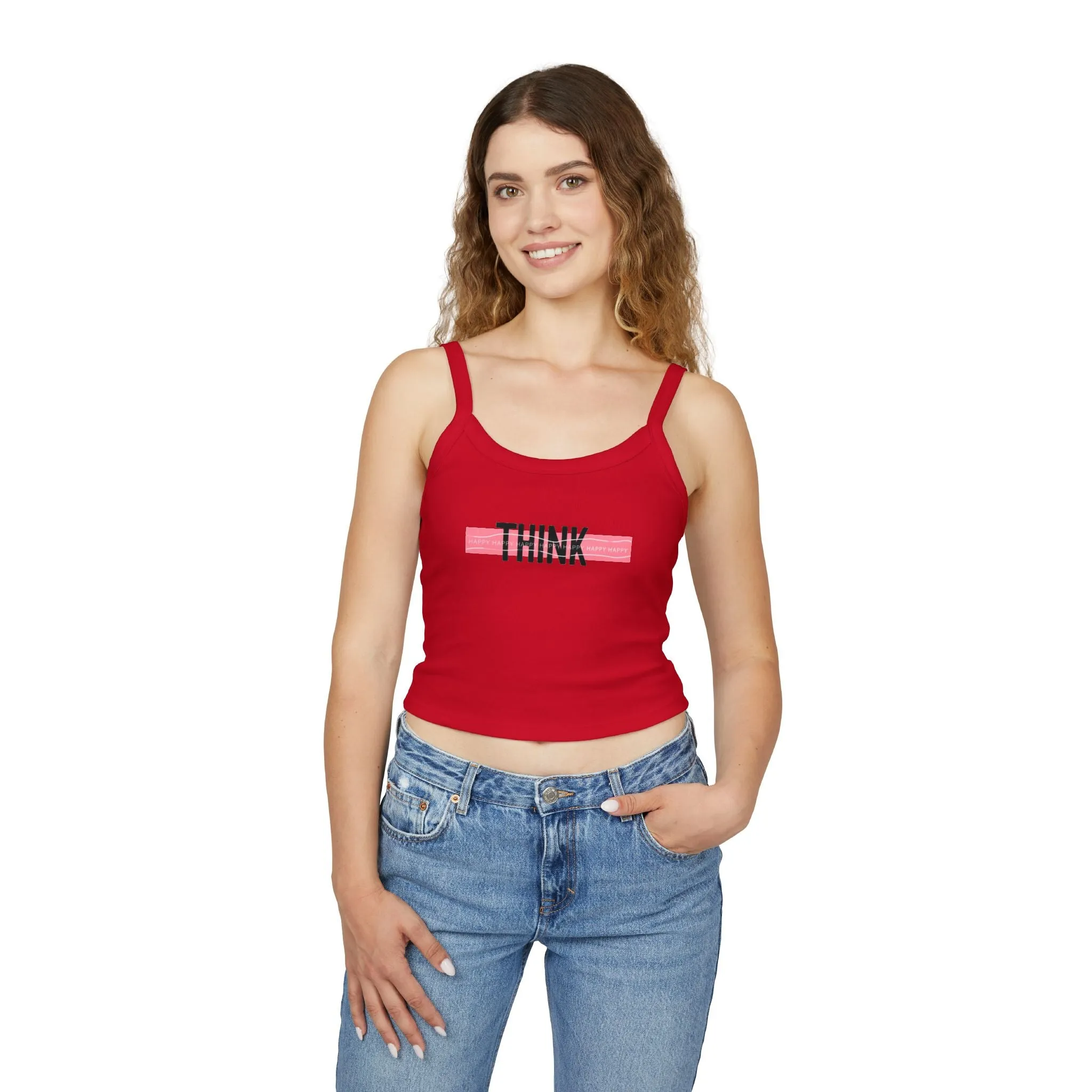 Top Women's Spaghetti Strap Tank Think Happy by Mariu del Campo.